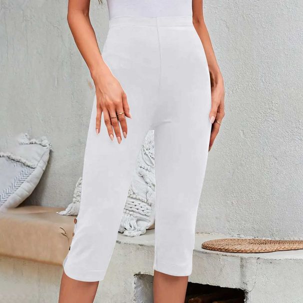 Summer High Waist Capri Pants for Women Elastic Slimming plus Size Loose Casual Leggings with Button Detailing_ecoleips.com