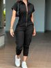 Women's Clothing Zipper Overalls Short Sleeved Lapel Multi Pocket Belt Jumpsuit_ecoleips.com