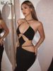Hugcitar Halter Black Backless Hollow Out Slit Loop Sexy Slim Maxi Dress 2023 Summer Women Fashion Clothes Evening Party Club_ecoleips.com