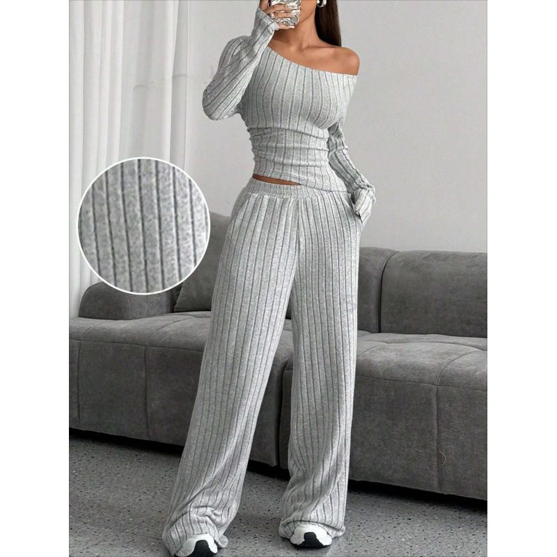 Women's Autumn Winter High-Neck Knit Sweater & Lounge Pants Set – Soft Polyester-Spandex Blend, Loose Fit, Casual Elegance_ecoleips.com