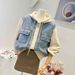 Vintage-Inspired Patchwork Denim Jacket With Hood – Oversized Baseball Silhouette (One Size, Beige/Black Wash)_ecoleips.com