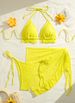 Sexy Three Piece Bikini Set European American Style Gauze Skirt Swimsuit Halterneck Solid Color for Women Adult Swimwear_ecoleips.com