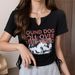 Summer Printed Letters Irregular Waist Short Top Drawstring Short Sleeve T-shirt Women_ecoleips.com
