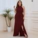 New Solid Color European American Style Slit Fashion Round-neck Invisible Zipper Long Dress For Cross-border And_ecoleips.com