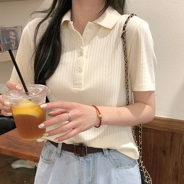 Summer-Style Polo Shirt With Short Sleeves, Solid Color, Fitted Cut, Slimming Effect, And Flared Hem For Women_ecoleips.com