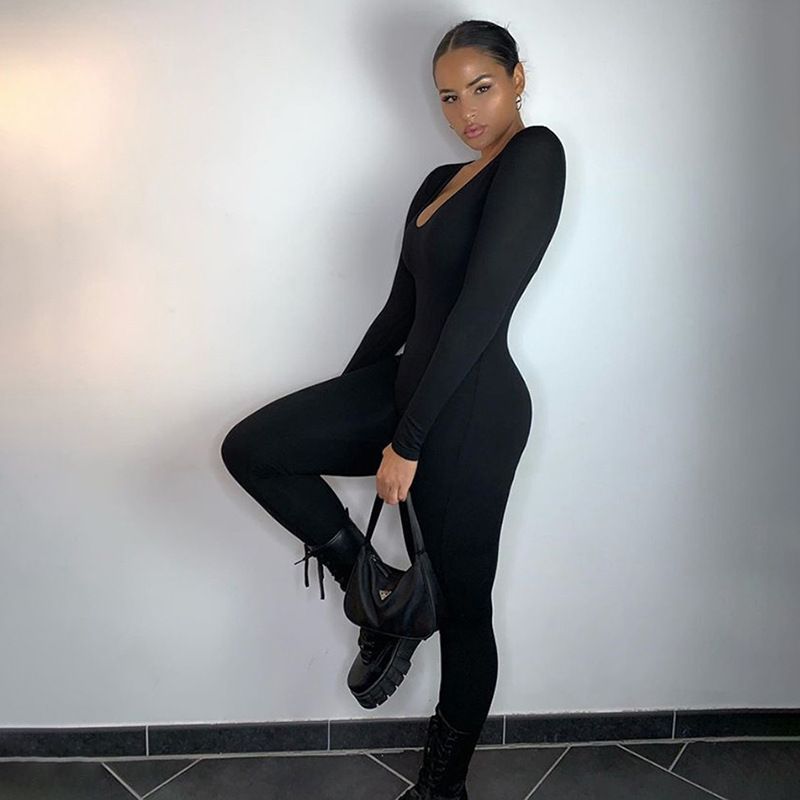 Women's clothing spring and summer new sexy hot girl tight long sleeve high waist solid color sports fitness jumpsuit_ecoleips.com