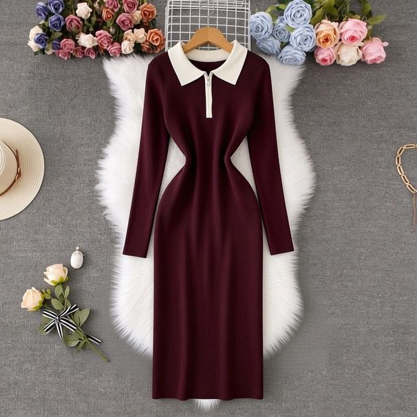 Women's Slim Fit Color Blocked Half Zip Polo Collar Knit Dress Long Sleeve Sweater Dress Export Quality_ecoleips.com