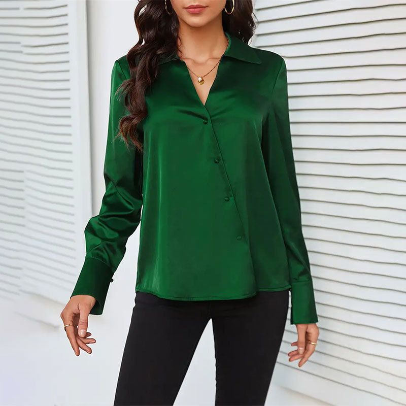 ins Cross-border Foreign Trade Satin Cross V-neck Top With Sleeves, Button-up Cardigan, Women's Shirt For Spring Summer,_ecoleips.com