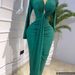 Women's Long Sleeved V Neck Pleated Slit Maxi Dress European American Style Sexy High Elastic_ecoleips.com