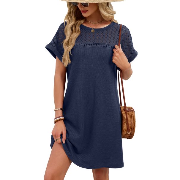 Women's Clothing Elegant Lace Patchwork Dress For Women - Flowy Short Sleeve Round Neck Summer Dress In Solid Colors_ecoleips.com