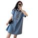 Plus Size Denim Blue Dress For Women – Oversized Casual Short Sleeve T-Shirt Dress, Summer Loose Fit Midi Length For Curvy Ladies (2XL-4XL)_ecoleips.com