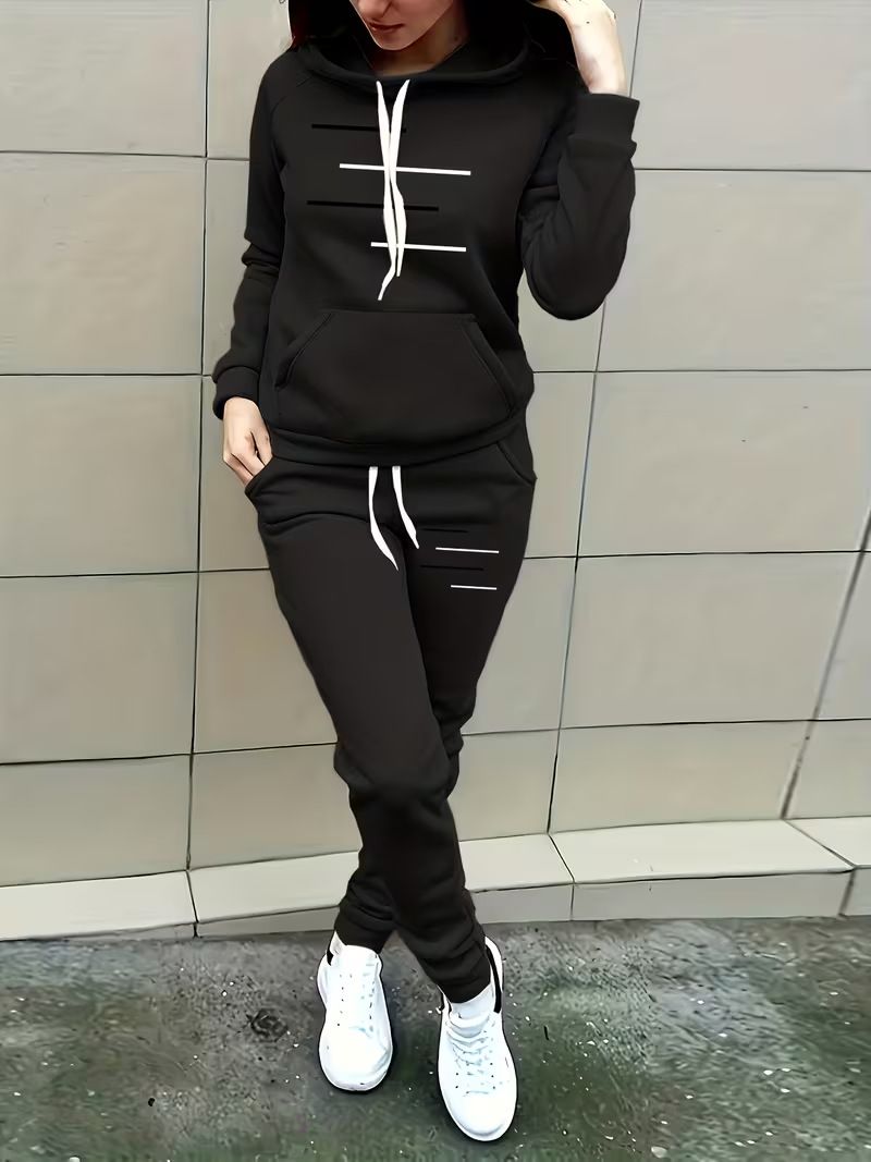 Women's Autumn Winter Fashion Black White Striped Print Long Sleeve Fleece Lined Sweatshirt And Elastic Waist Jogging Pants Set_ecoleips.com