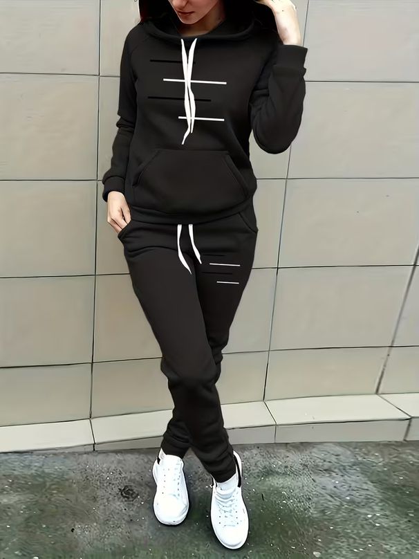 Women's Autumn Winter Fashion Black White Striped Print Long Sleeve Fleece Lined Sweatshirt And Elastic Waist Jogging Pants Set_ecoleips.com