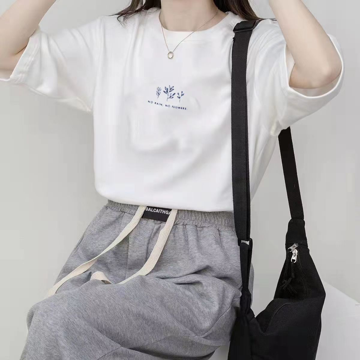 Short Sleeve Korean Version Crew Neck T-Shirt Women's Summer Loose Plant Print Casual Solid Color Student Half Sleeve Top_ecoleips.com