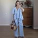 Women's Clothing Spring And Summer New Sweet Solid Color Suit Pure Cotton V Neck Top Bubble Short Sleeved Trousers 2 Piece Set_ecoleips.com