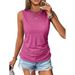 Women's Casual Solid Color Pullover Sleeveless Vest T-Shirt Round Neck Design Pleated Detail For Summer Style_ecoleips.com
