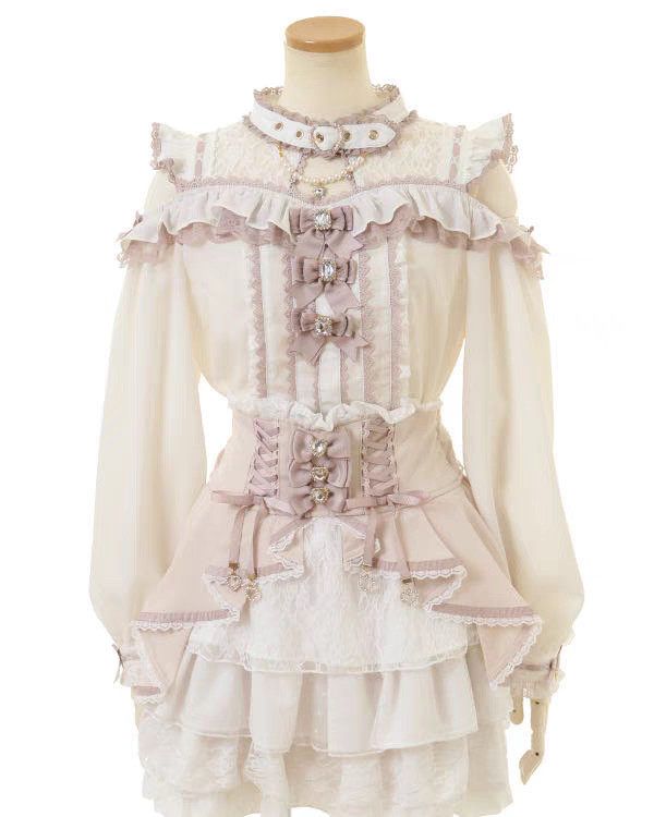 New Japanese Mass-produced High And Slim Off Off Shoulder Lace Sweet Triple Bow Shirt Top For Women_ecoleips.com