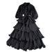 Women's European Style Light Luxury Design Rhinestone Lantern Sleeve Dress Heavy Duty Waist Cinching Slimming Puffy Ruffle Long Skirt_ecoleips.com