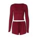 Women's Autumn Sporty Set U Neck Solid Color Long Sleeved Top with Lace up Shorts European And American Style Clothing_ecoleips.com