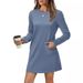 Women's Clothing Round Neck Back Pleated Pocket Long Sleeve Sweater Dress_ecoleips.com