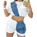 Women's Clothing Summer New Fashion Denim Splicing Navel Baring Short Sleeved Shorts Two Piece Suit_ecoleips.com