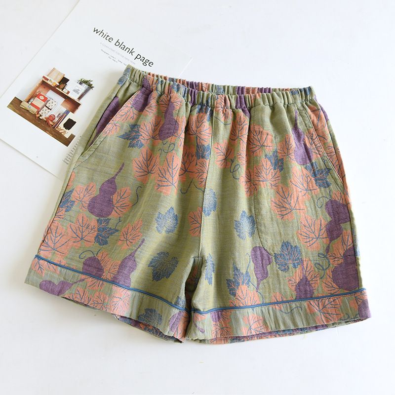 Vintage Yarn-dyed Print Pajama Pants For Women's Summer Cotton Sleep Shorts Thin Loose Pockets Elastic Waist Sleep Bottoms_ecoleips.com