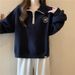American-style Real-shot Half-zip Polo Collar Long-sleeve Sweatshirt For Women, Thin, Loose, Slimming, Embroidered,_ecoleips.com