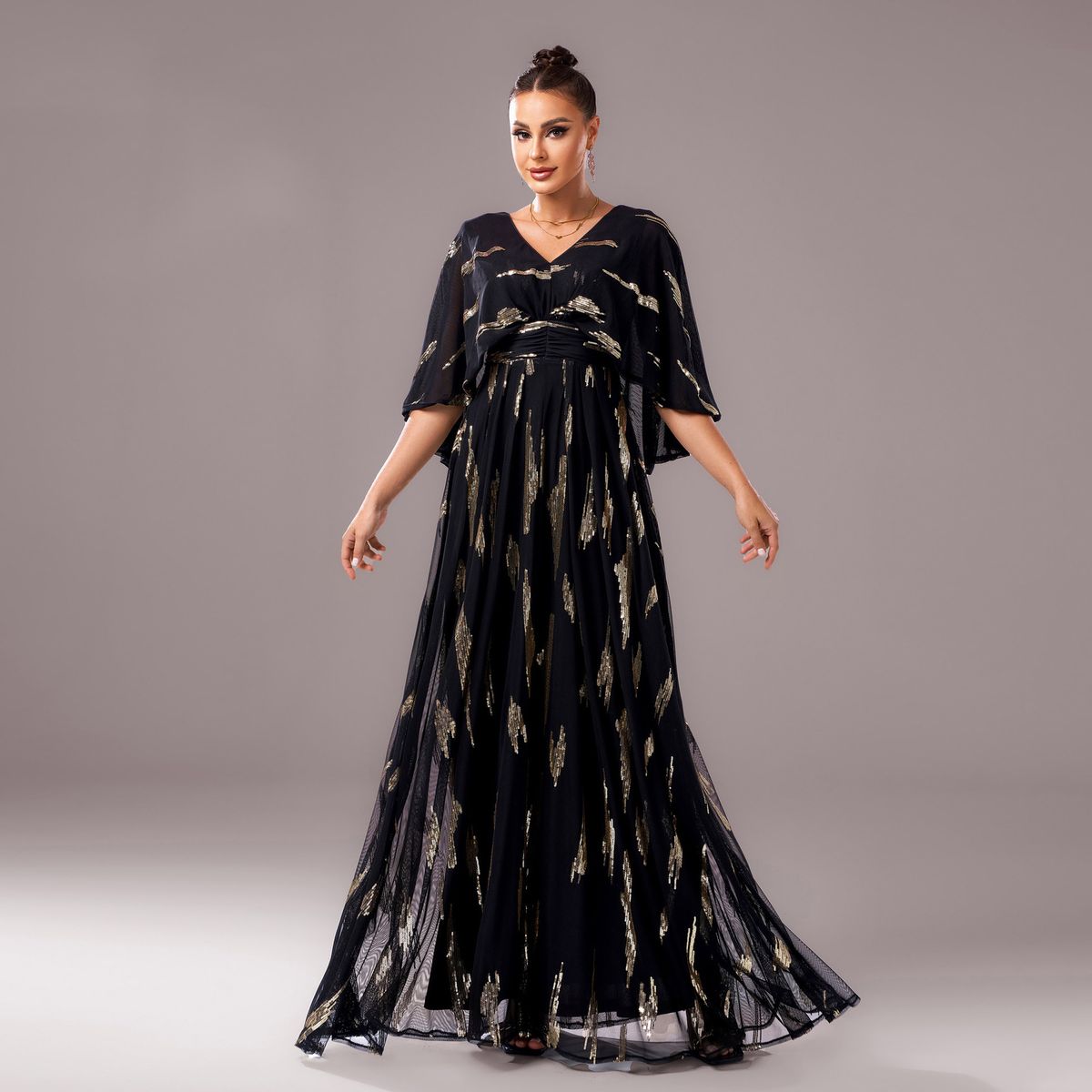New Elegant V-neck Mid-sleeve Long Sequin Party Bodycon Evening Bridesmaid Dress For Women_ecoleips.com
