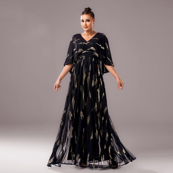 New Elegant V-neck Mid-sleeve Long Sequin Party Bodycon Evening Bridesmaid Dress For Women_ecoleips.com
