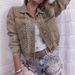 Trendy Studded Denim Jacket – Long Sleeve Cropped Style With Notch Collar (Khaki/Dusty Pink/Army Green, XS-L)_ecoleips.com
