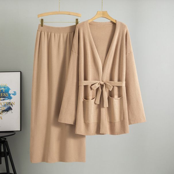 Women's Spring And Autumn New Style V-neck Loose Fashionable Chic Long Skirt Knit Cardigan Two-piece Set For Women_ecoleips.com