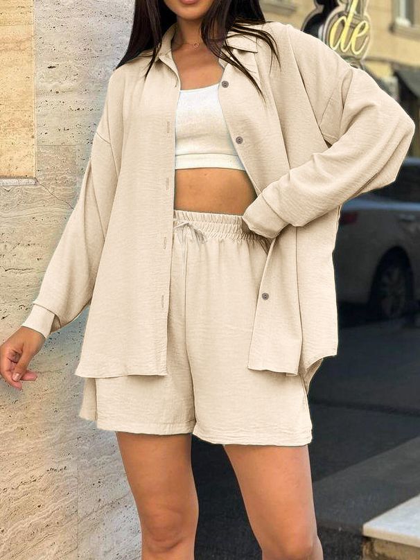 Women's Style Loose Women's Solid Color Long-Sleeved Shirt + Solid Color Shorts Two-Piece Set Spring Clothes_ecoleips.com