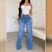 2022 Women's Ripped Denim High Waist Loose Straight Wide-Leg Draped Floor-Length Pants_ecoleips.com
