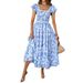 2024 Cross-Border European And American Summer Women's Casual Square-Neck Printed Pleated Ruffle-Sleeve Dress, Flowing_ecoleips.com