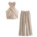 Women's Clothing Halter Neck Linen Top Wide Leg Pants Women Homemade Casual Suit 4043_ecoleips.com
