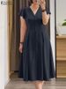2024 ZANZEA Fashion Women's Dress Summer Short Sleeve Pleated Sundress Elegant V Neck Dress Causal Robe Femme Solid OL Vestido_ecoleips.com