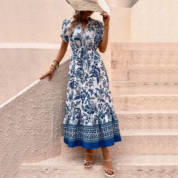 Summer Casual A- Line Long Dress Ethnic Style Printed Dress_ecoleips.com