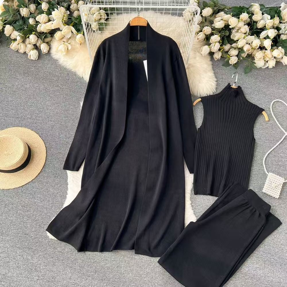 K Pure Color Leisure Suit For Women With A Shawl Coat V-neck Base Sweater Wide-leg Trousers Three-piece Suit_ecoleips.com