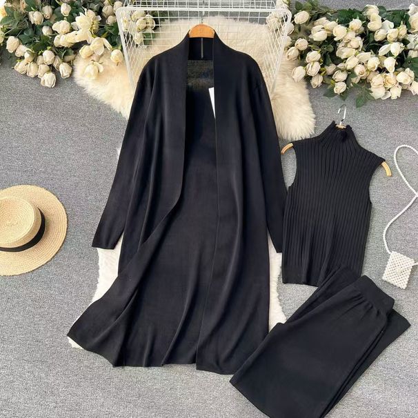 K Pure Color Leisure Suit For Women With A Shawl Coat V-neck Base Sweater Wide-leg Trousers Three-piece Suit_ecoleips.com