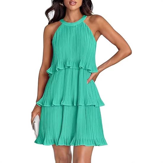 Women's Sleeveless Pleated Dress Layered Spliced Hem Pullover Casual Knee-Length Summer Fashion_ecoleips.com