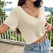 Voya Women's Simple And Sexy V-neck T-shirt With Spicy Girl Design Sense, Short Sleeved Top With Exposed Navel Design Sense_ecoleips.com