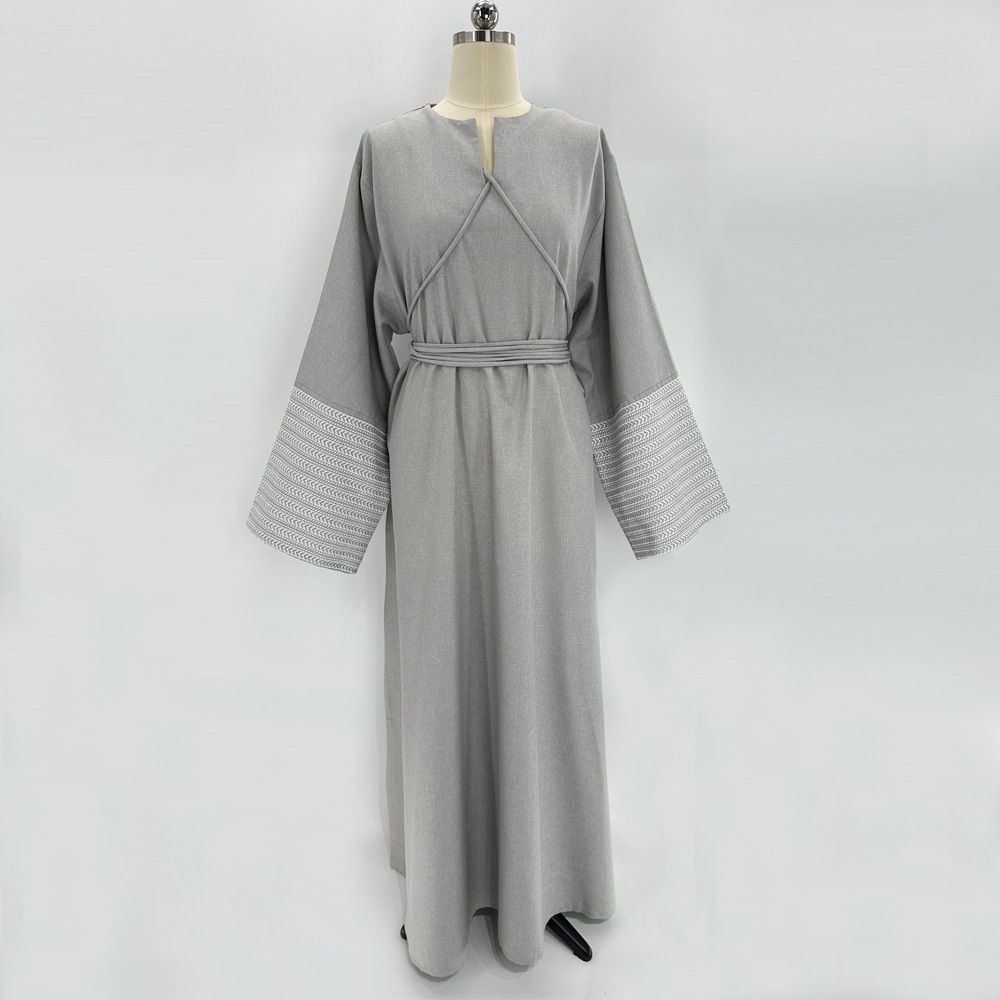 Modest Abaya Dress Elegant Muslim Abaya Dress With Hand Embroidery - Modest Dubai Style Robe In Bluish & Greyish_ecoleips.com