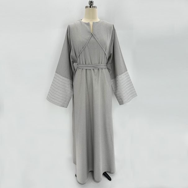 Modest Abaya Dress Elegant Muslim Abaya Dress With Hand Embroidery - Modest Dubai Style Robe In Bluish & Greyish_ecoleips.com