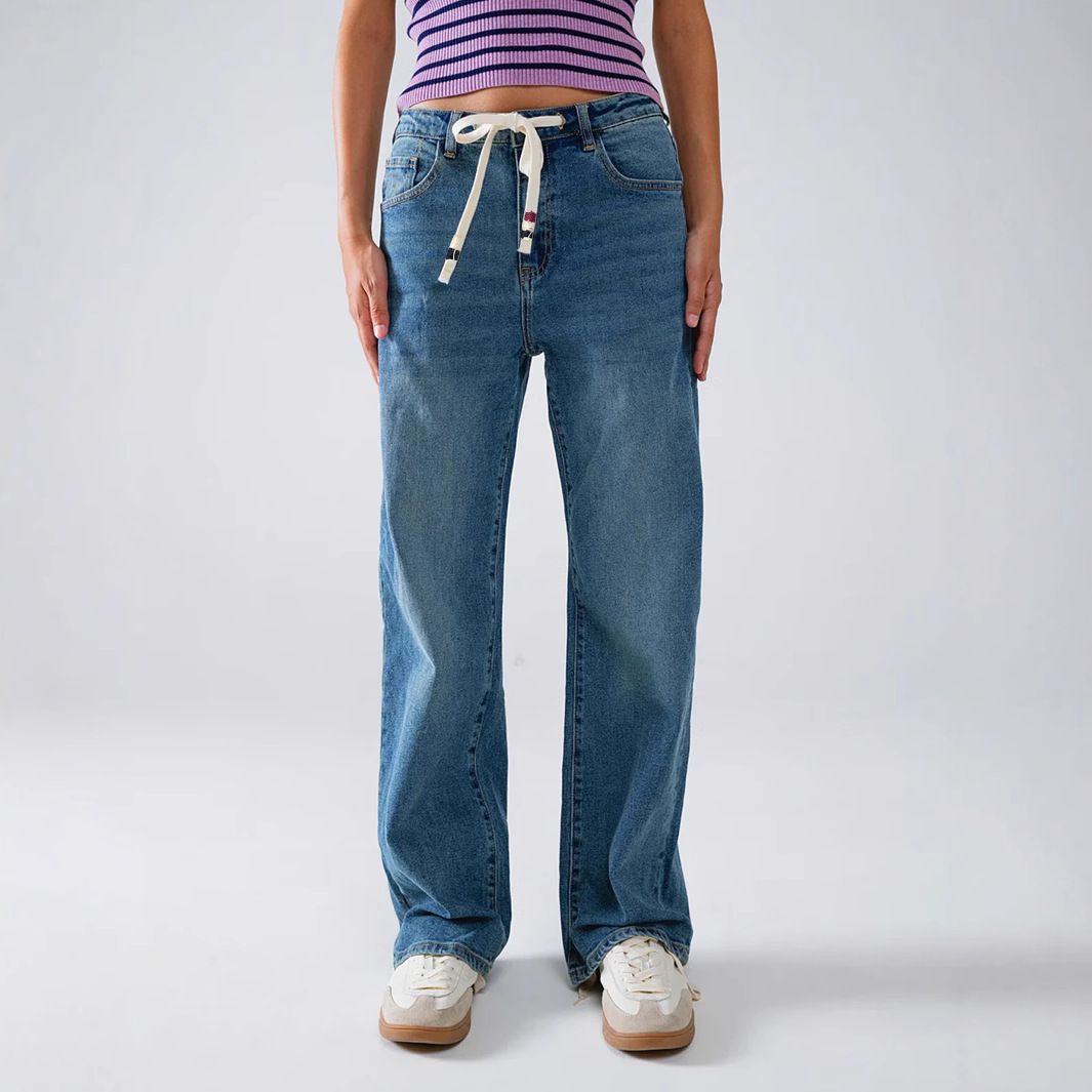 Women's Straight Leg Denim Pants European American Style Lace Up High Waist Trousers Fashionable Casual Fit_ecoleips.com