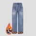 Women's High-Waisted Flared Jeans – Vintage Washed, Leopard Print Cuff, Stretch Denim (0xl-3xl, Plus Size, Fleece-Lined, 9/10 Length, Light Blue)_ecoleips.com