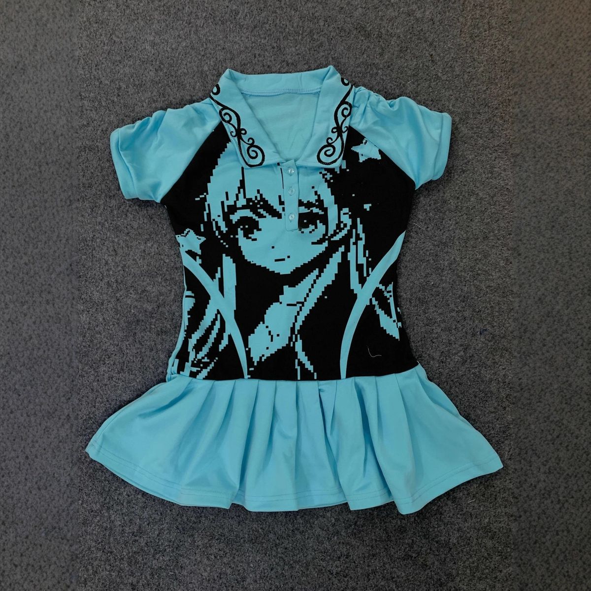 Anime Pixel Style Printed Dress for Women with Collar Short Sleeves Pleated Skirt Sweet Cool Girl Style Spring Summer Hot Dress_ecoleips.com