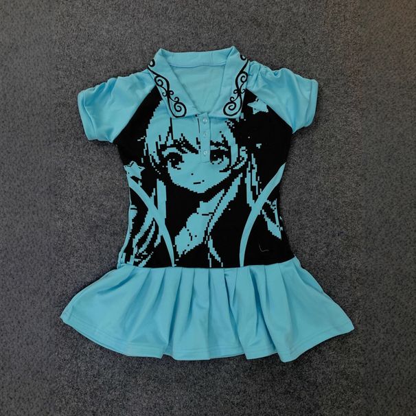 Anime Pixel Style Printed Dress for Women with Collar Short Sleeves Pleated Skirt Sweet Cool Girl Style Spring Summer Hot Dress_ecoleips.com