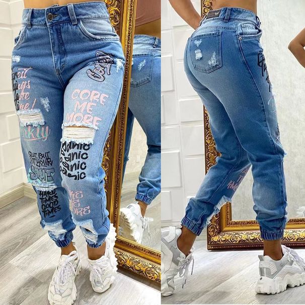 Women's High Waist Graffiti Print Ripped Jeans Elastic Cuffed Distressed Denim Jogger Pants Streetwear Casual Daily Wear_ecoleips.com