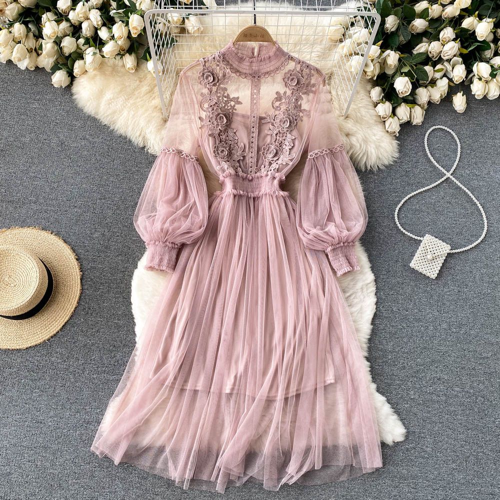 Heavy Industry 3D Floral Mesh Elegant Stand Collar Lantern Sleeve High Waist Slim Fit Two Piece Fairy Dress For Women_ecoleips.com