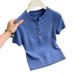 Women's Colorful Button Down Collar Short Sleeved Knit Top Slim Fit Fashionable Spring Summer Style_ecoleips.com